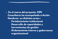 ¿CUÁL ES EL ROL DE CIPE CONSULTORES?  En el marco del proyecto, CIPE Consultores ha acompañado a Acción Honduras  en distintas areas : Fortalecimiento institucional Desarrollo de capacidades y herramientas de gestión Ordenamiento interno y gobernanza organizacional