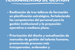 DESARROLLO DE CAPACIDADES Y HERRAMIENTAS DE GESTION -  Realización de tres talleres de formación en planificación estratégica, fortaleciendo las competencias del personal para la gestión institucional y la proyección operativa a mediano plazo.  Priorización del diseño y actualización de manuales de gestión del talento humano, promoviendo procesos más transparentes, ordenados y profesionalizados durante el ciclo laboral del personal.