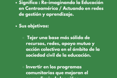 ¿QUÉ ES RECARGA? Significa : Re-imaginando la Educación en Centroamérica / Actuando en redes de gestión y aprendizaje.  Sus objetivos:   Tejer una base más sólida de recursos, redes, apoyo mutuo y acción colectiva en el ámbito de la sociedad civil de la educación.  Invertir en los programas comunitarios que mejoran el aprendizaje de los niños.