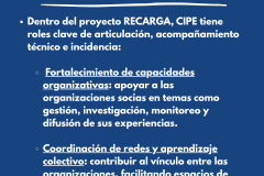 ¿CUÁL ES EL ROL DE CIPE CONSULTORES? Dentro del proyecto RECARGA, CIPE tiene roles clave de articulación, acompañamiento técnico e incidencia:   Fortalecimiento de capacidades organizativas: apoyar a las organizaciones socias en temas como gestión, investigación, monitoreo y difusión de sus experiencias.   Coordinación de redes y aprendizaje colectivo: contribuir al vínculo entre las organizaciones, facilitando espacios de intercambio, concertación y trabajo en red.