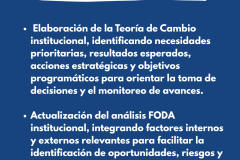 FORTALECIMENTO INSTITUCIONAL -  Elaboración de la Teoría de Cambio institucional, identificando necesidades prioritarias, resultados esperados, acciones estratégicas y objetivos programáticos para orientar la toma de decisiones y el monitoreo de avances.  Actualización del análisis FODA institucional, integrando factores internos y externos relevantes para facilitar la identificación de oportunidades, riesgos y líneas de mejora vinculadas al Plan Estratégico.